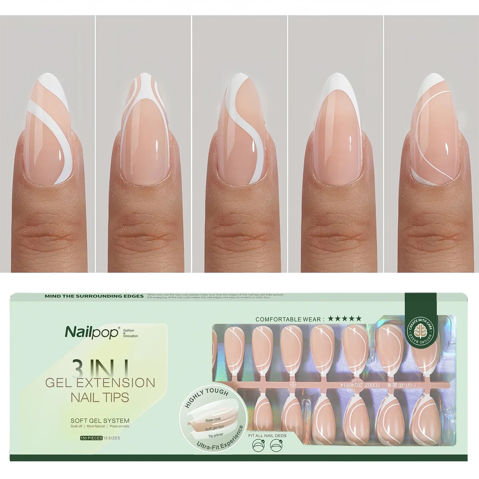 Pointes d’Ongles en Gel Français Pré-Colorées - Nailpop 150 pièces