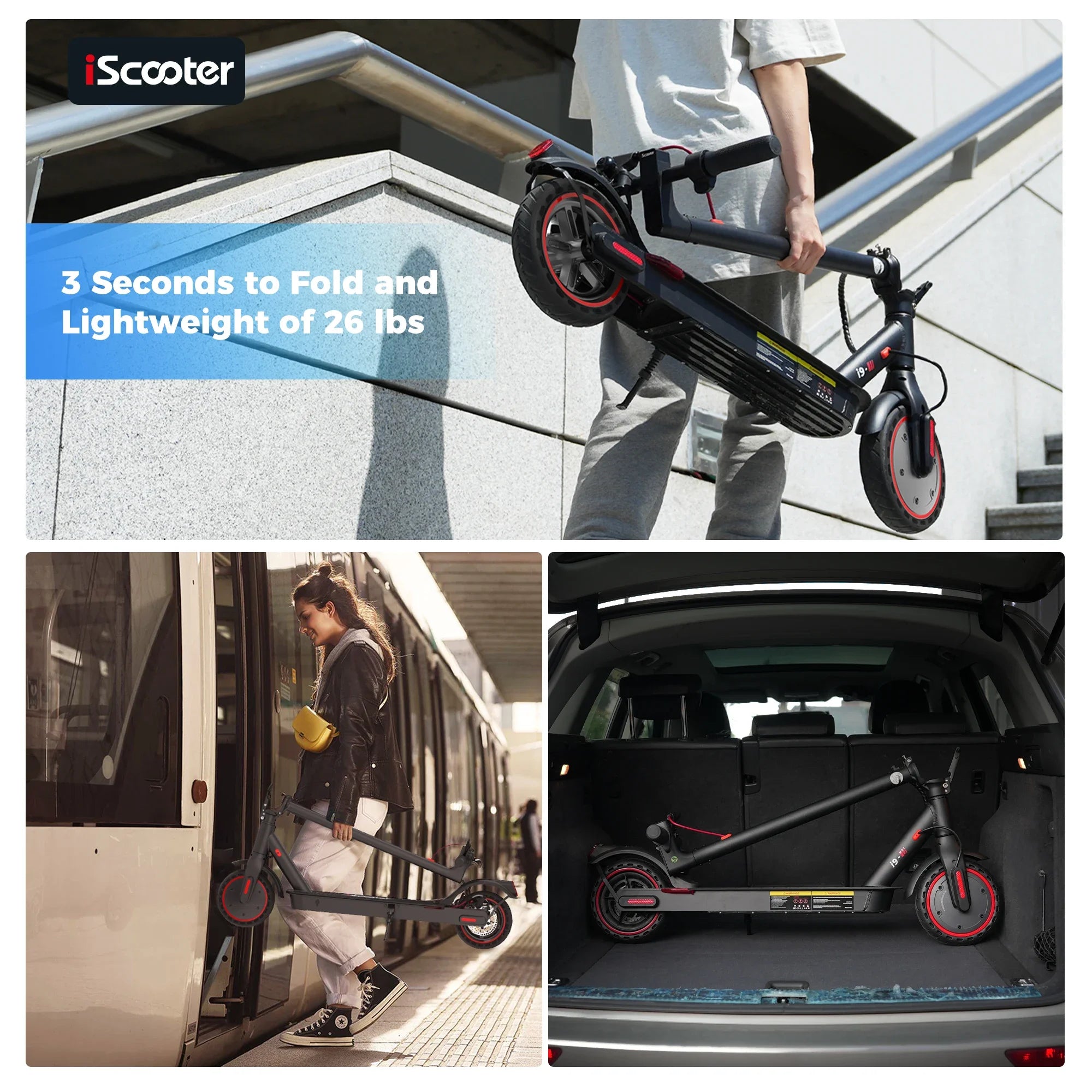 Trottinette électrique iScooter, Scooter i9 Scooter électrique 350W Scooter pour adultes 7.5Ah 30 km/h pliable E scooter pneu court 8.5 pouces nid d'abeille