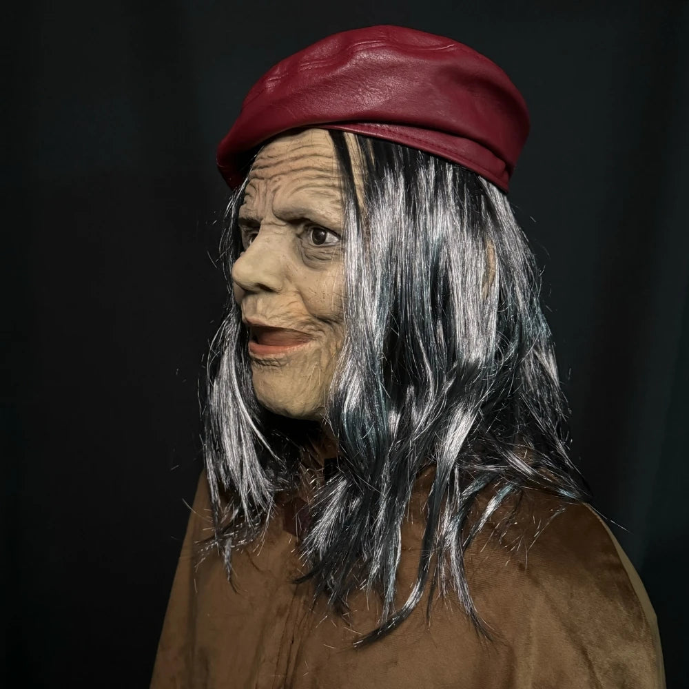 Masque d'Halloween effrayant en caoutchouc pour Grand-mère – Bouche Mobile, Vieille Femme / Sorcière, avec Perruque et Béret Rouge