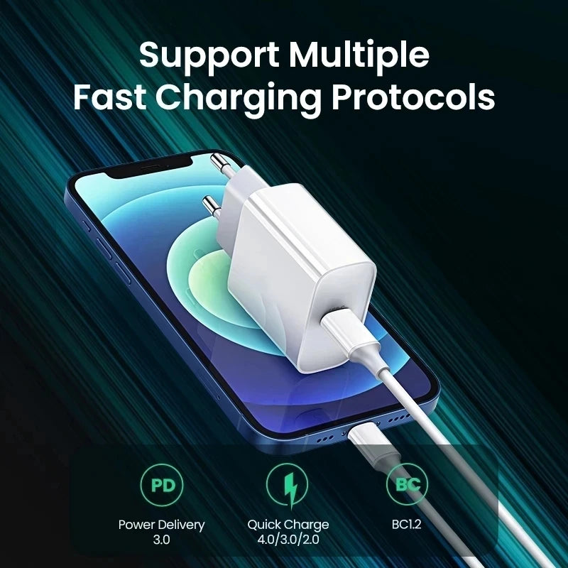 Chargeur rapide PD 20W pour iPhone 14 / 13 / 12 / 11 Pro Max / Mini / 7 / 8 / Plus / XR – câble USB Type-C inclus