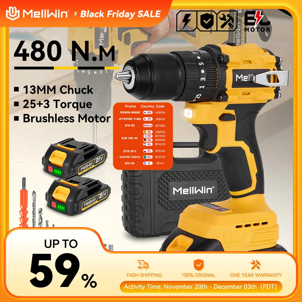 MELLWIN – perceuse à percussion électrique sans balais, couple 25 + 3, tournevis polyvalent sans fil, outil électrique pour broche de batterie Makita 18V