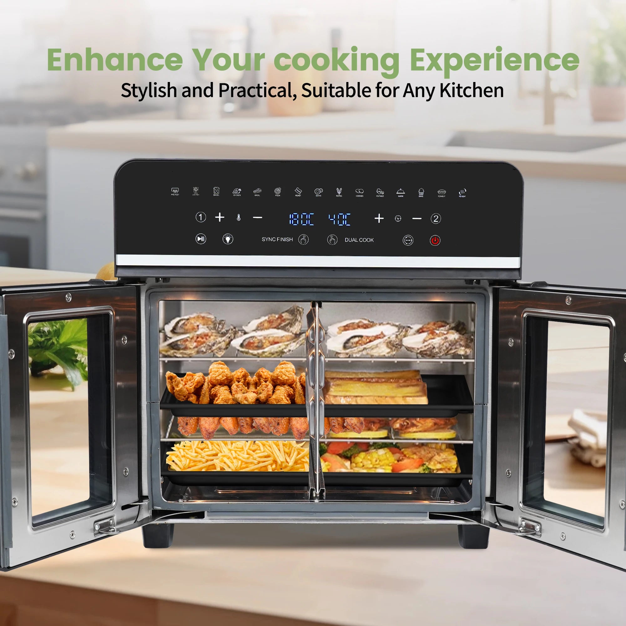 Friteuse à air chaud double zone, 23 L, four XXL 2200 W, écran tactile LED, 15 programmes, livre de recettes inclus