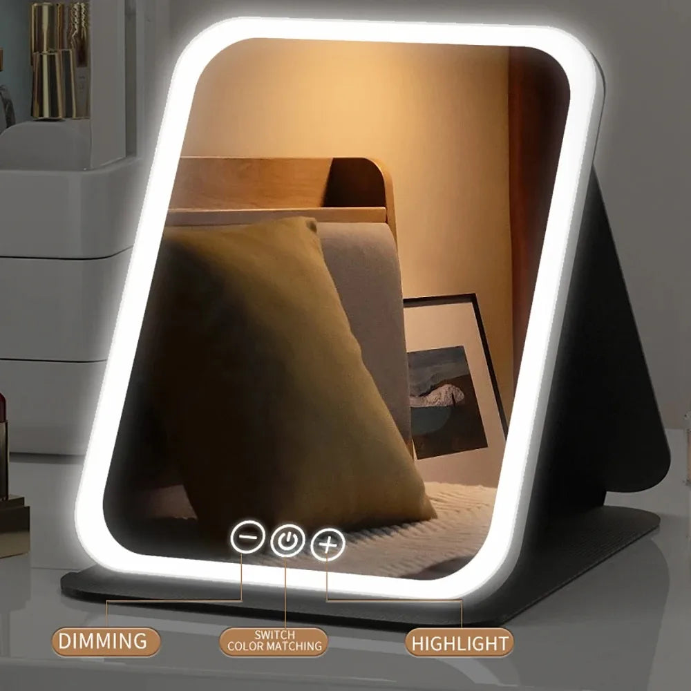 Miroir de Maquillage LED Pliable – 3 Couleurs, Tactile, Rechargeable, Voyage & Maison