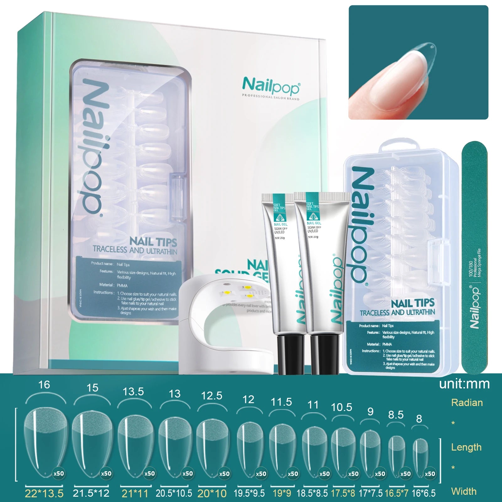 Gel UV Souple, Pointes, Lampe et Outils - Nailpop Kit d’Extension d’Ongles 600 pièces 