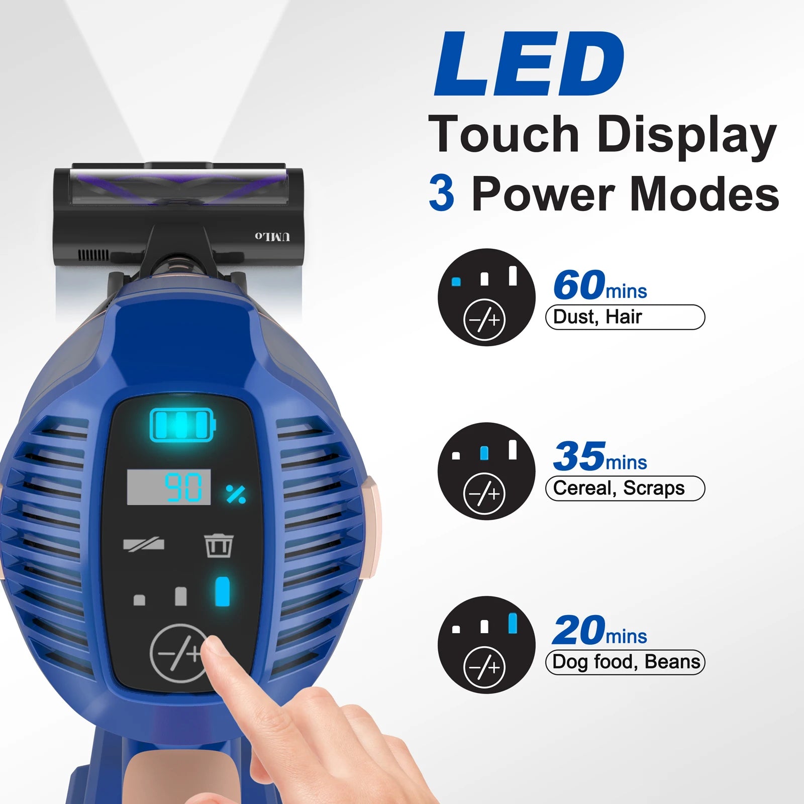 Aspirateur balai sans fil 300 W 30 kPa avec écran LED, batterie 4000 mAh, autonomie jusqu'à 60 minutes.
