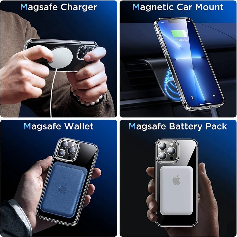 Étui magnétique transparent compatible MagSafe pour iPhone – Coque de protection et charge sans fil