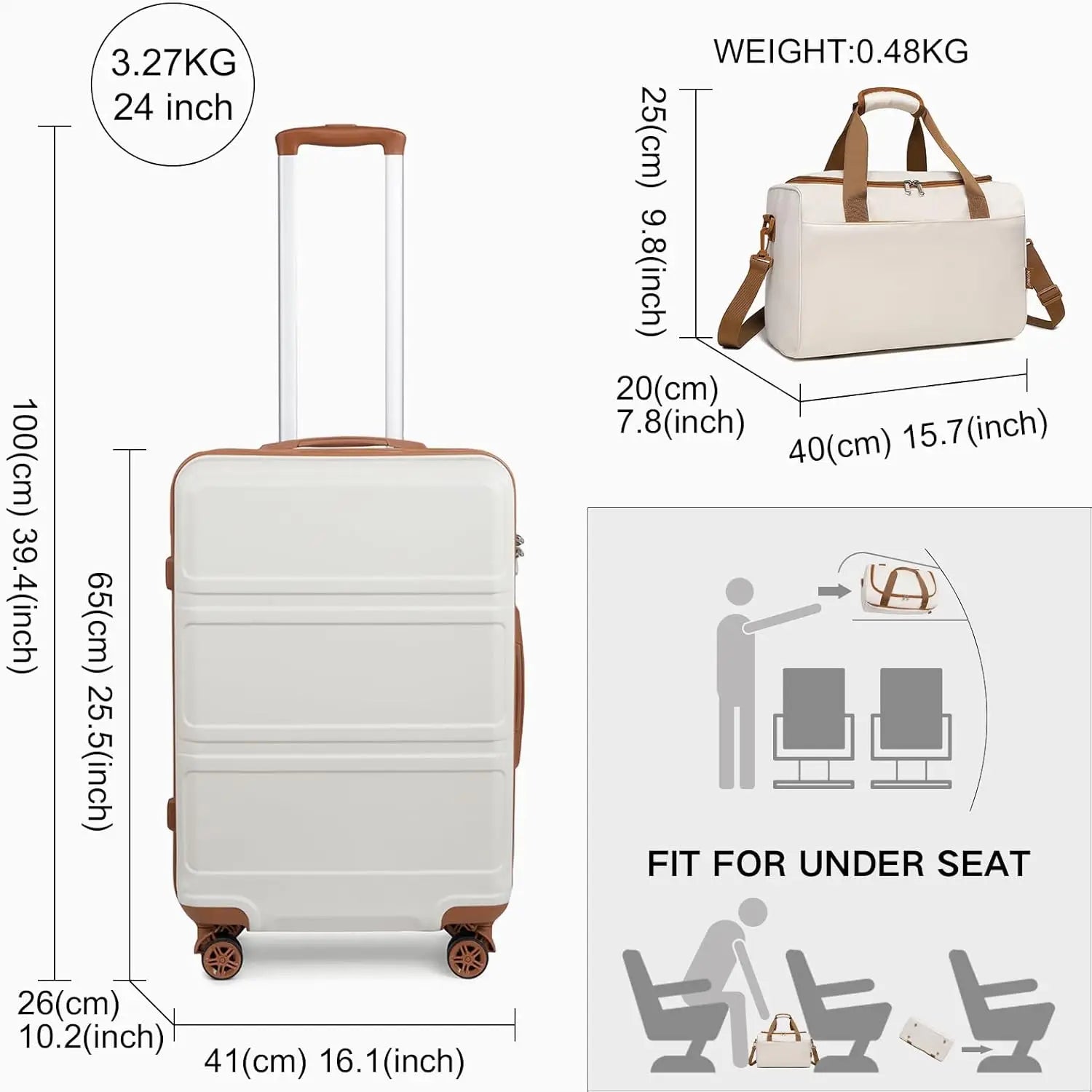 Ensemble de bagages rigides 2 pièces avec sac de voyage S/M/L KONO – roulettes 360°, serrure TSA, valises S-M-L