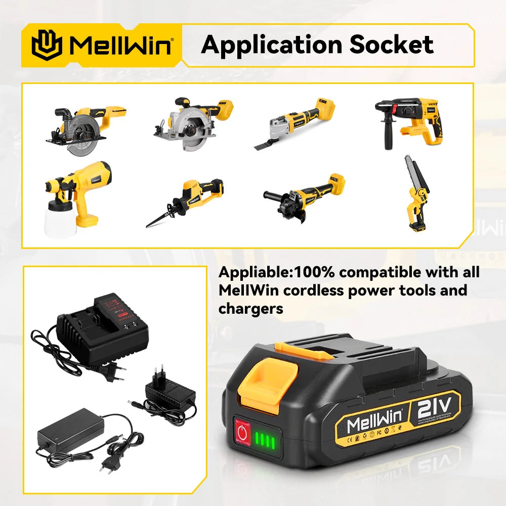 Batterie rechargeable MELLWIN 7 500 mAh – batterie au lithium avec indicateur LED pour outils électriques, compatible broches de batterie 18–21 V