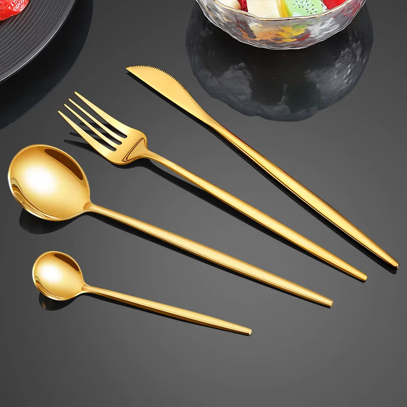 Ensemble de vaisselle en acier inoxydable doré 24 pièces, couteau à steak, fourchette, cuillère à soupe, cuillère à café, couverts lavables au lave-vaisselle, vaisselle de cuisine