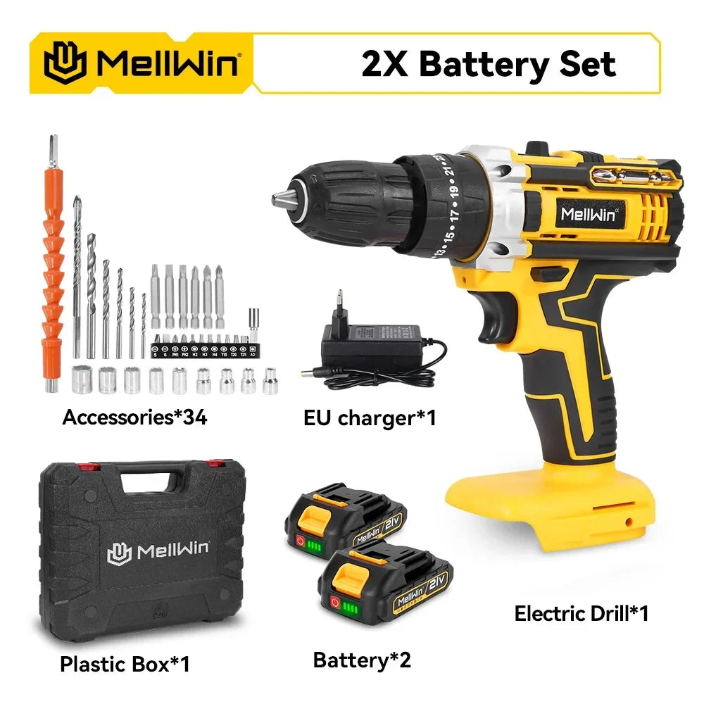 Perceuse à Percussion Sans Fil MELLWIN 25+3 Couple, 2 Vitesses Réglables, Tournevis Électrique – Compatible Batterie 18V Makita