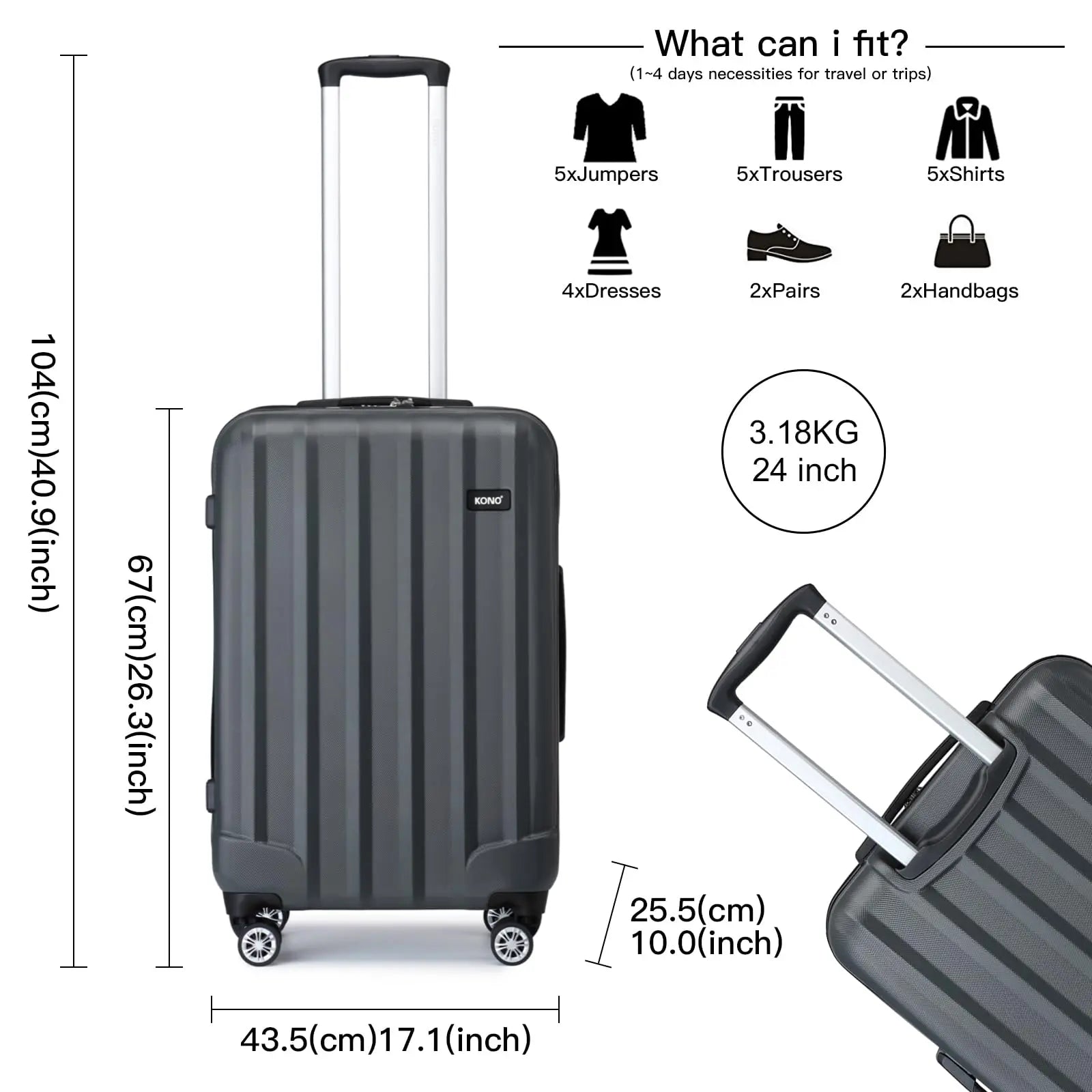 Valise rigide à roulettes en ABS léger avec serrure à combinaison KONO – bagage à main et set 3 tailles