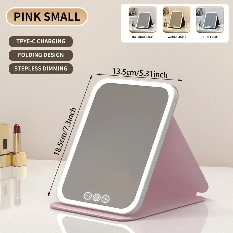 Miroir de Maquillage LED Pliable – 3 Couleurs, Tactile, Rechargeable, Voyage & Maison