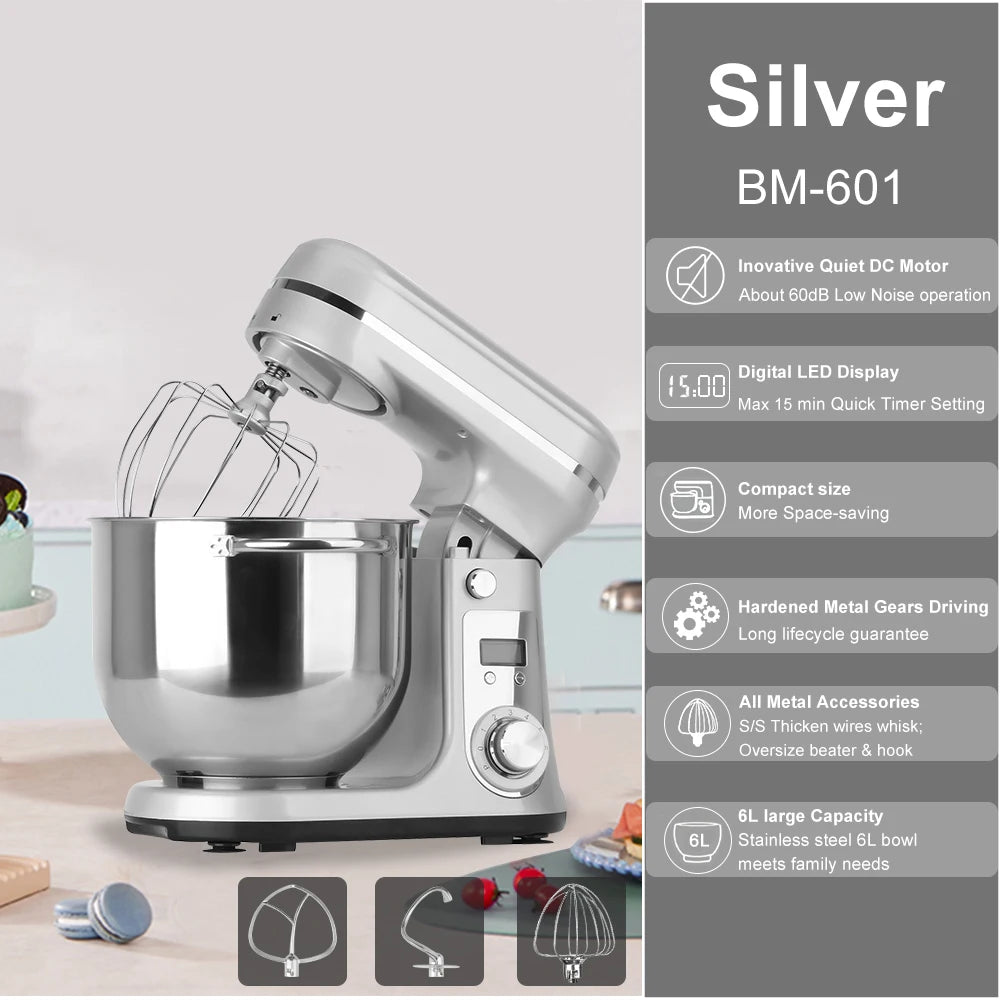 Robot de cuisine électrique BioloMix, 6L sur socle mélangeur 1200W moteur silencieux bol en acier inoxydable 6 vitesses, Crochet à pétrir, Batteur plat, bol mélangeur, Fouet filaire