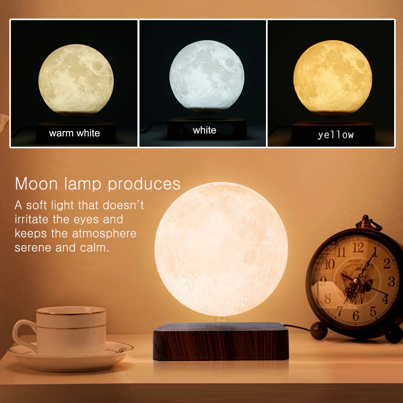Veilleuse flottante magnétique en forme de lune en lévitation, 3 couleurs de température, lampe de table créative 3D LED avec base en bois