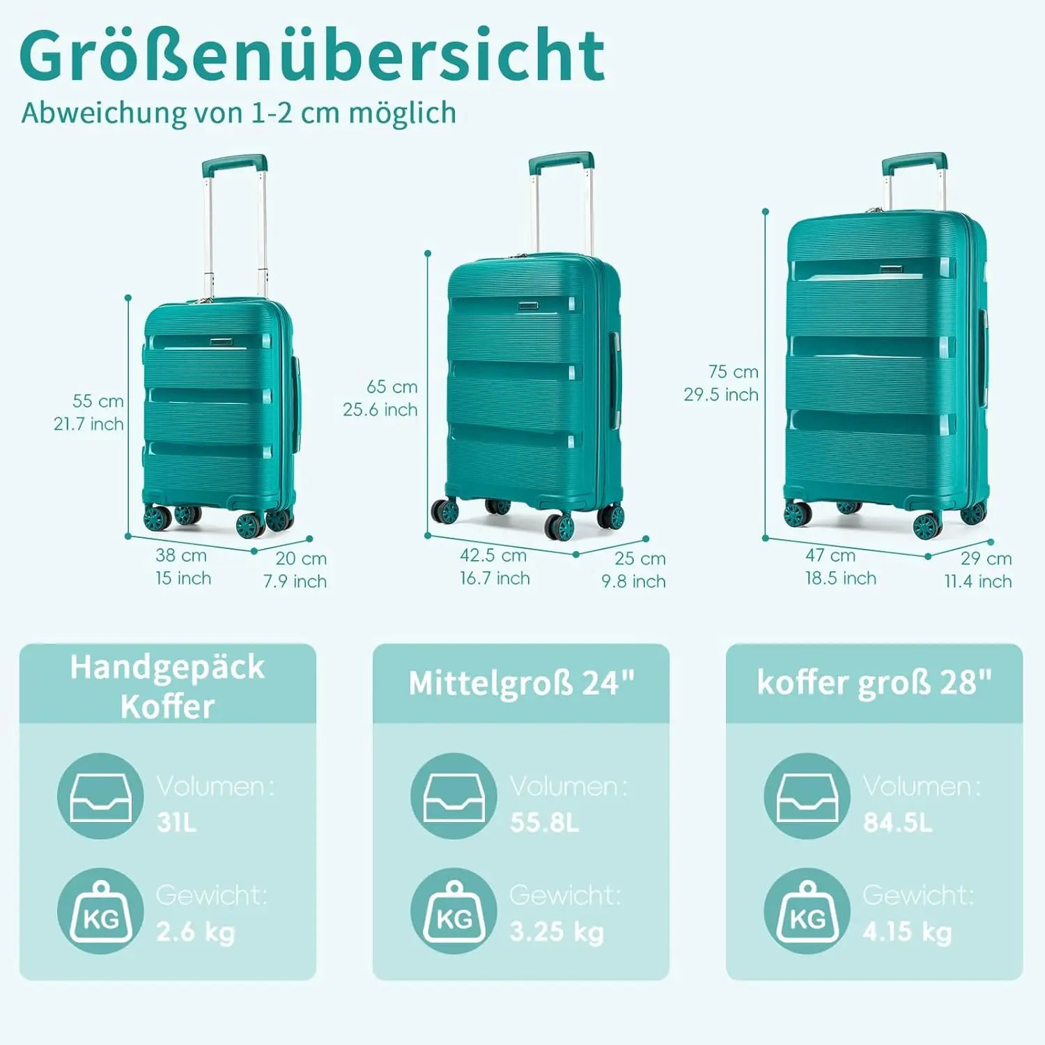 Bagages rigides Polypropylène KONO 3 pièces – léger, 4 rouleaux doubles, serrure TSA, valises 55/65/75 cm