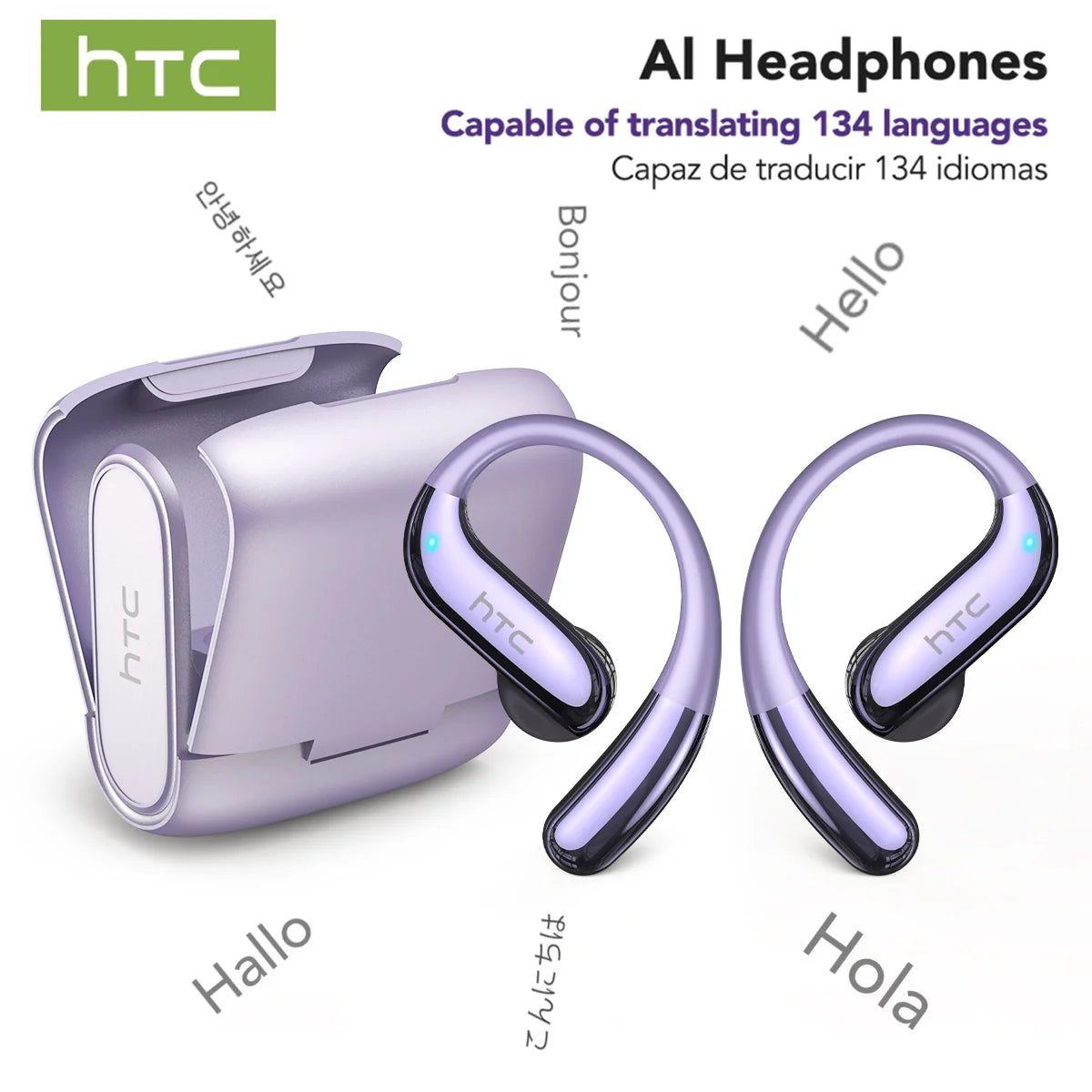 Écouteurs HTC NE23 Bluetooth V6.0 à oreille ouverte sans fil, traducteur IA, appels HD, élégants et fins