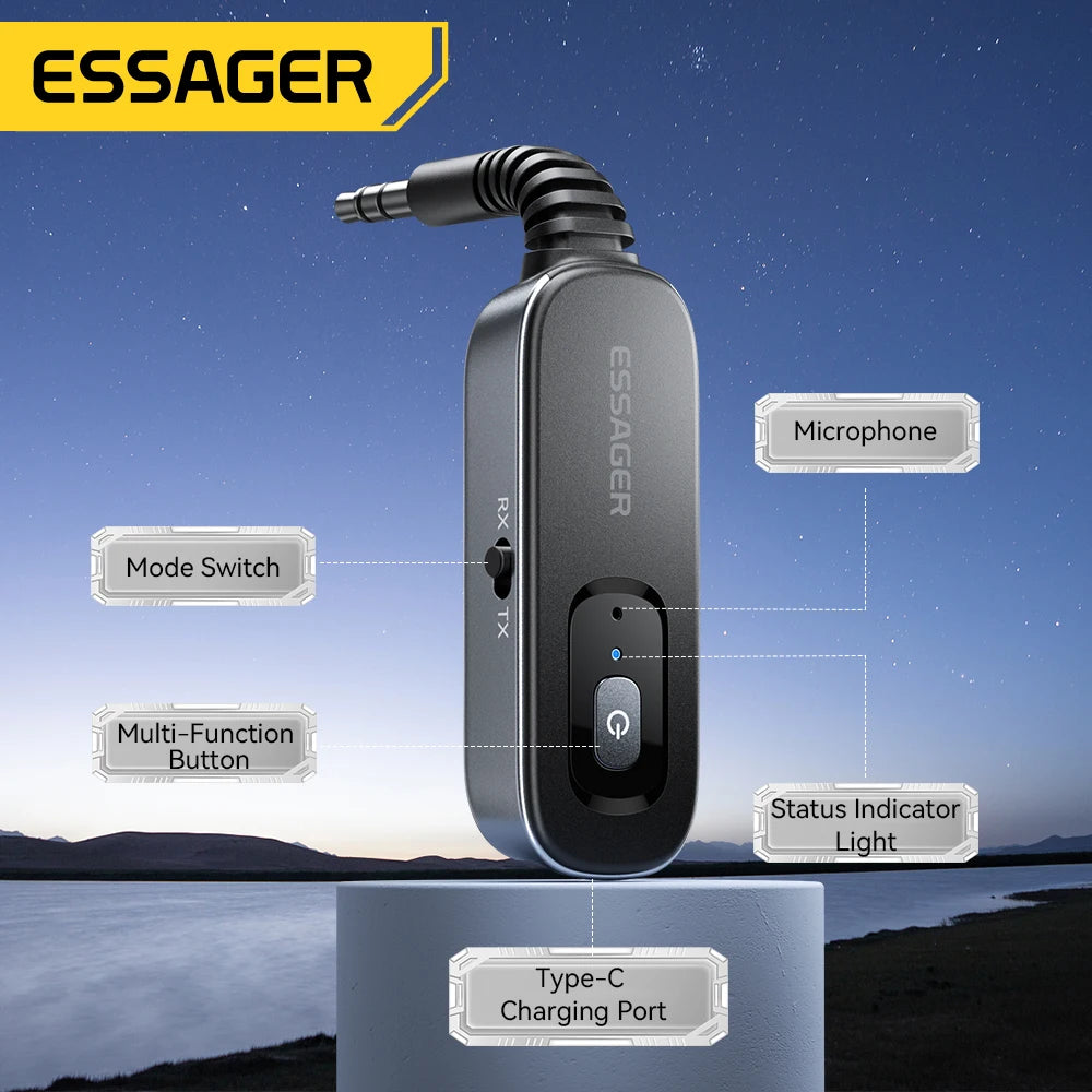 Essager Bluetooth 5.1 Audio-Sender und Empfänger, 3,5 mm, 3,5 AUX mit Mikrofon, kabelloser Adapter für Stereo-Musik, PC, TV, Autolautsprecher