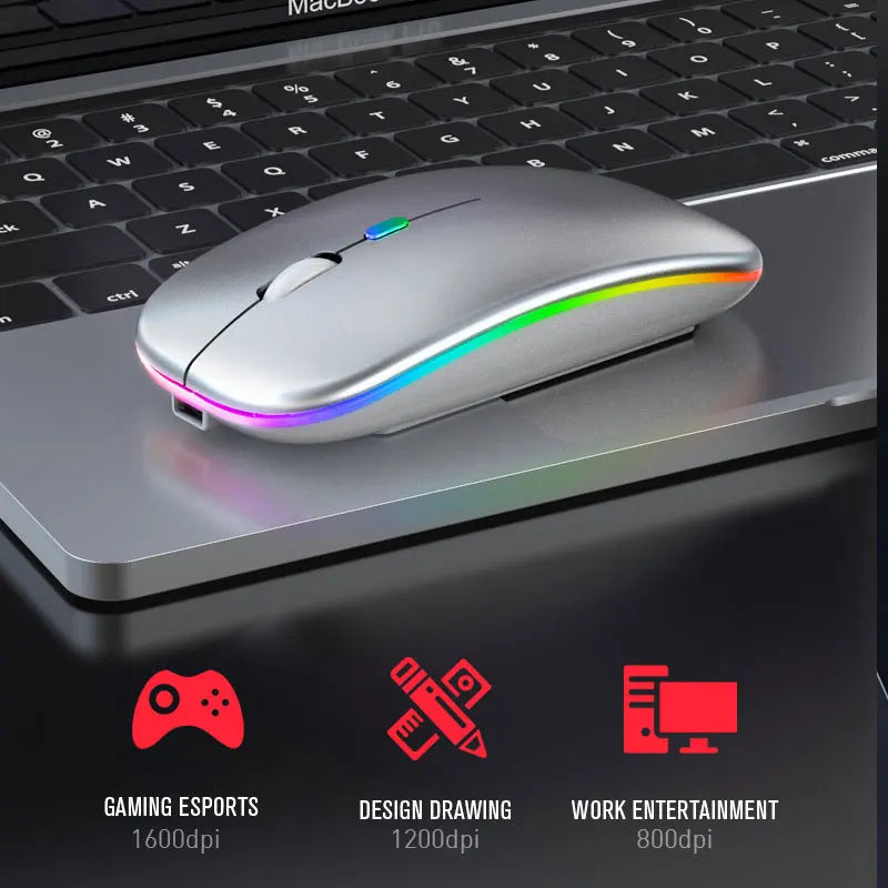 Souris sans fil Bluetooth 5.0 avec éclairage RVB rechargeable par USB pour ordinateur portable, PC, MacBook, souris de jeu 2,4 GHz, 1 600 DPI