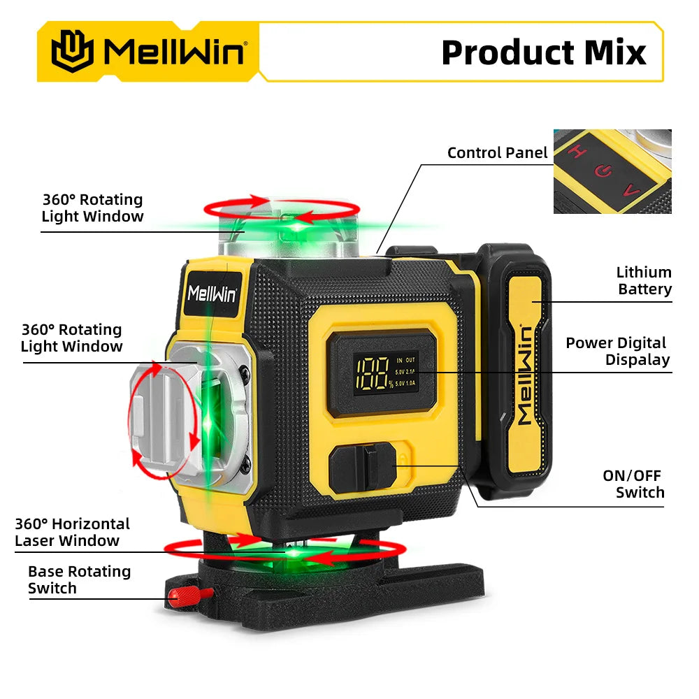 Niveau Laser 16 Lignes 4D Professionnel MELLWIN – Auto-nivelant 360° Horizontal et Vertical avec Télécommande APP