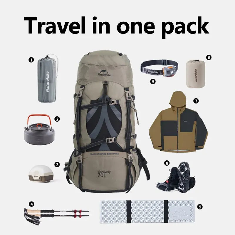 Natureifa-Sac à dos de camping ergonomique pour homme, grande capacité, sacs de randonnée avec housse de pluie, voyage en plein air, sacs à dos de trekking, 70L