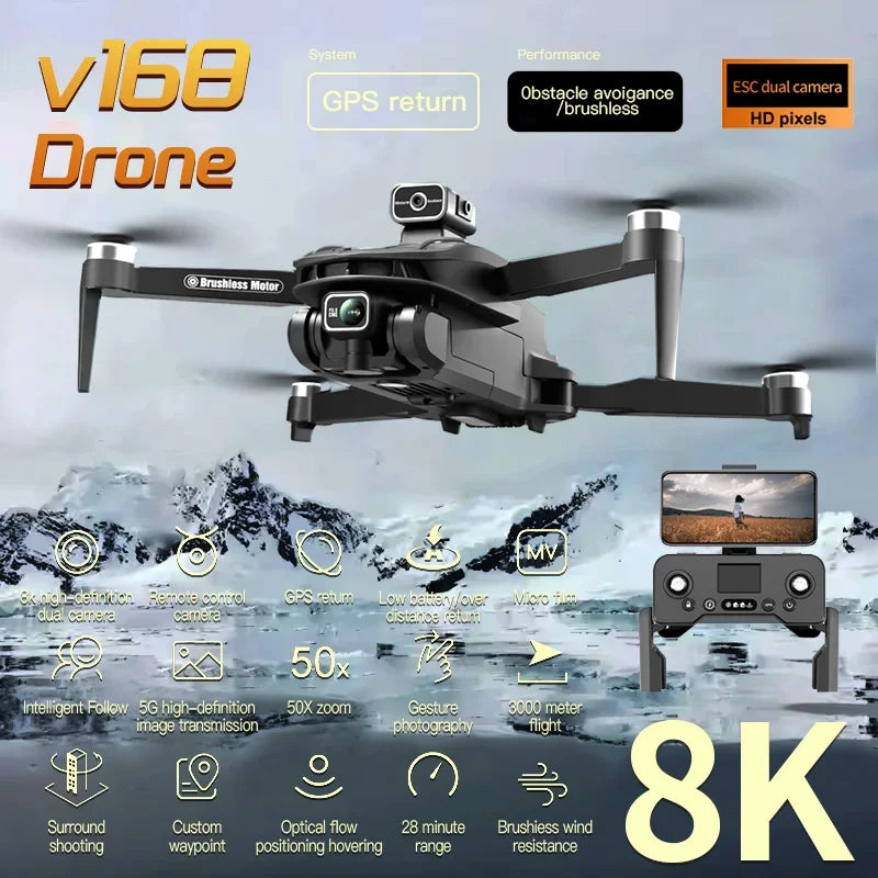 Drone V168 PRO GPS professionnel 8K avec caméra HD, FPV, WiFi 5G, moteur sans balais, pliable, RC quadcopter, évitement d'obstacles.