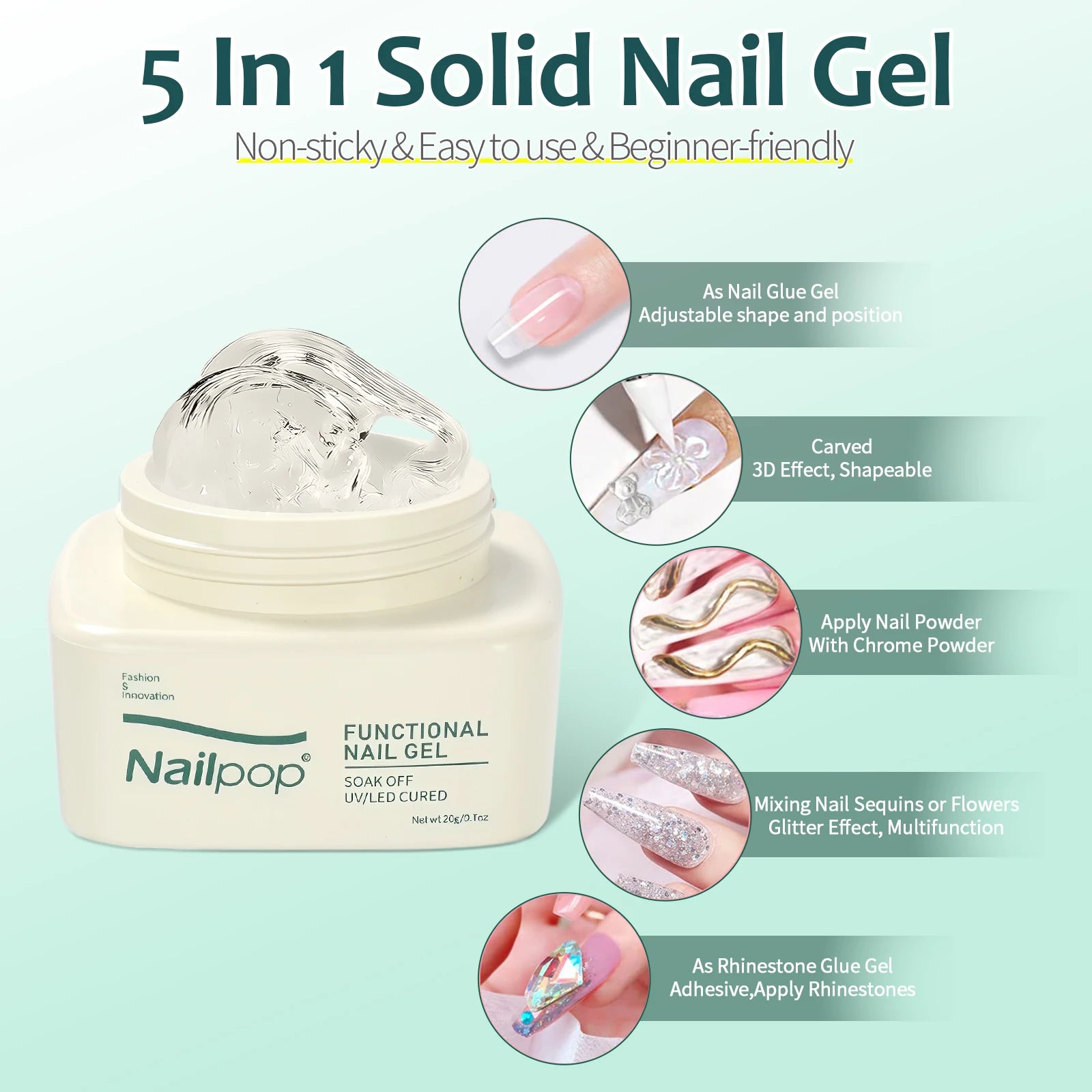 Gel Colle Solide pour Ongles à Pression, Adhésif Fort, Pointe de Gel Transparente, Gel UV Longue Durée, Sans Dommage, 20g (1/3 pièces)