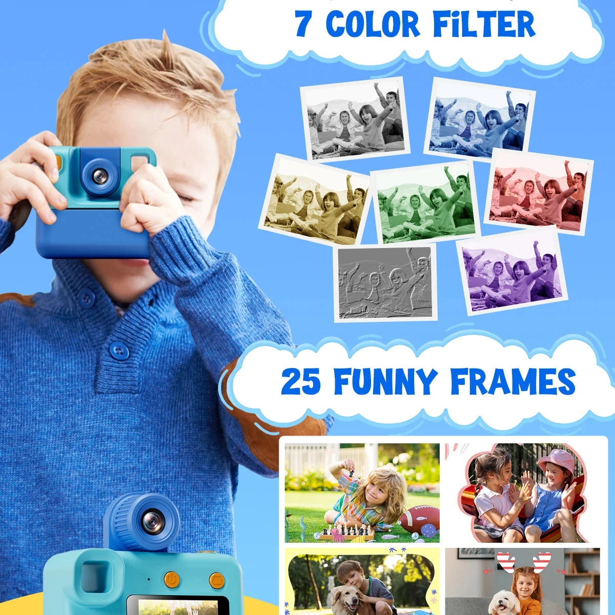 Appareil photo instantané pour enfants, 3 rouleaux de papier d'impression, carte de 32 Go, appareil photo numérique 1080P