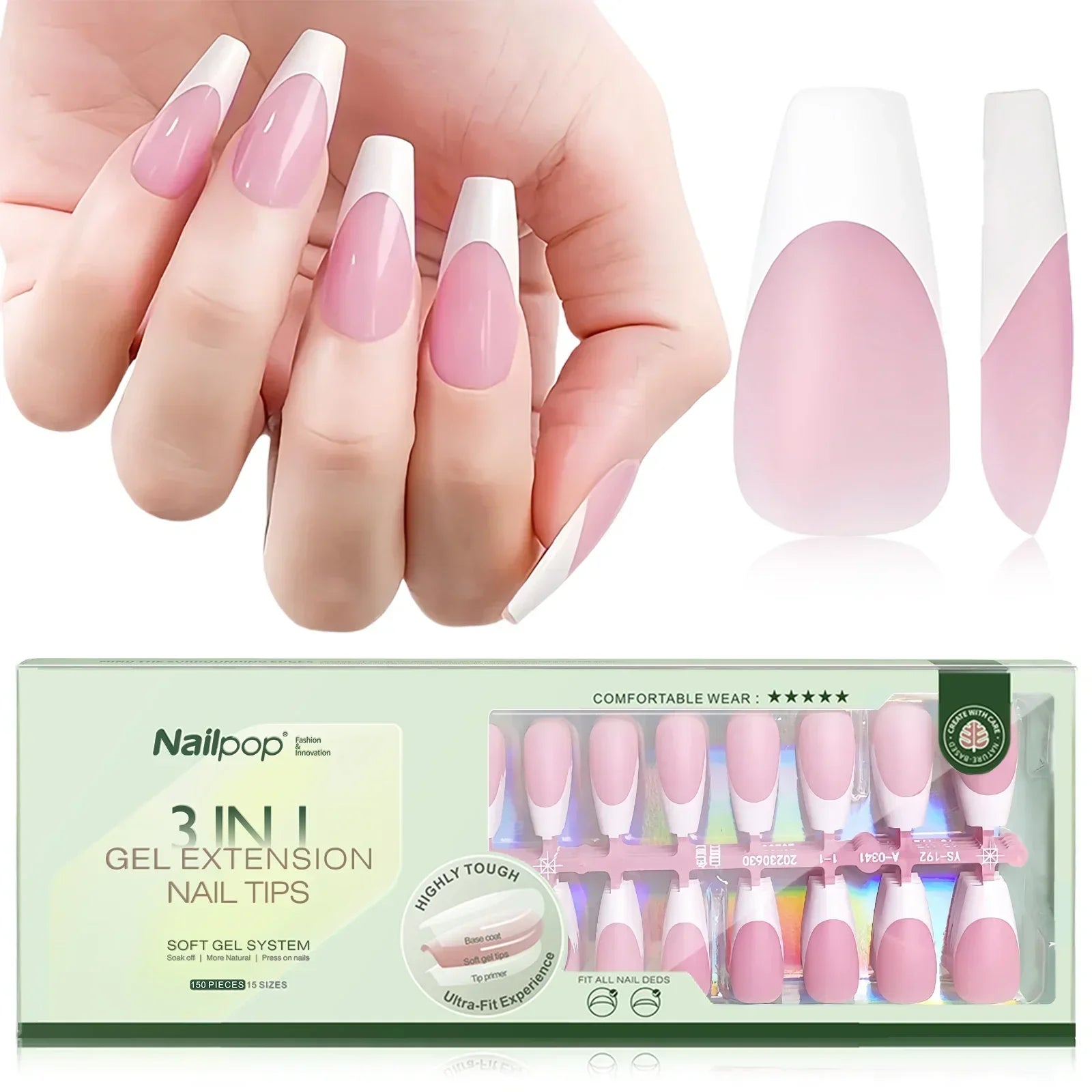 Extensions d’Ongles à Pointe Française Pré-Colorées - Nailpop 3 en 1 