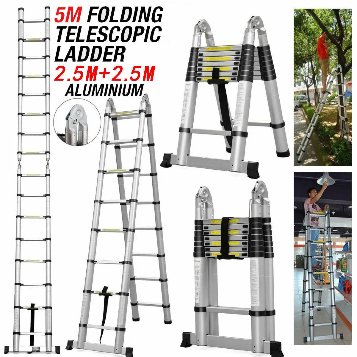 Échelle télescopique en aluminium, échelle d'extension robuste, 2.6m-5m, charge maximale de 330lb, EN131 pour le travail domestique et extérieur