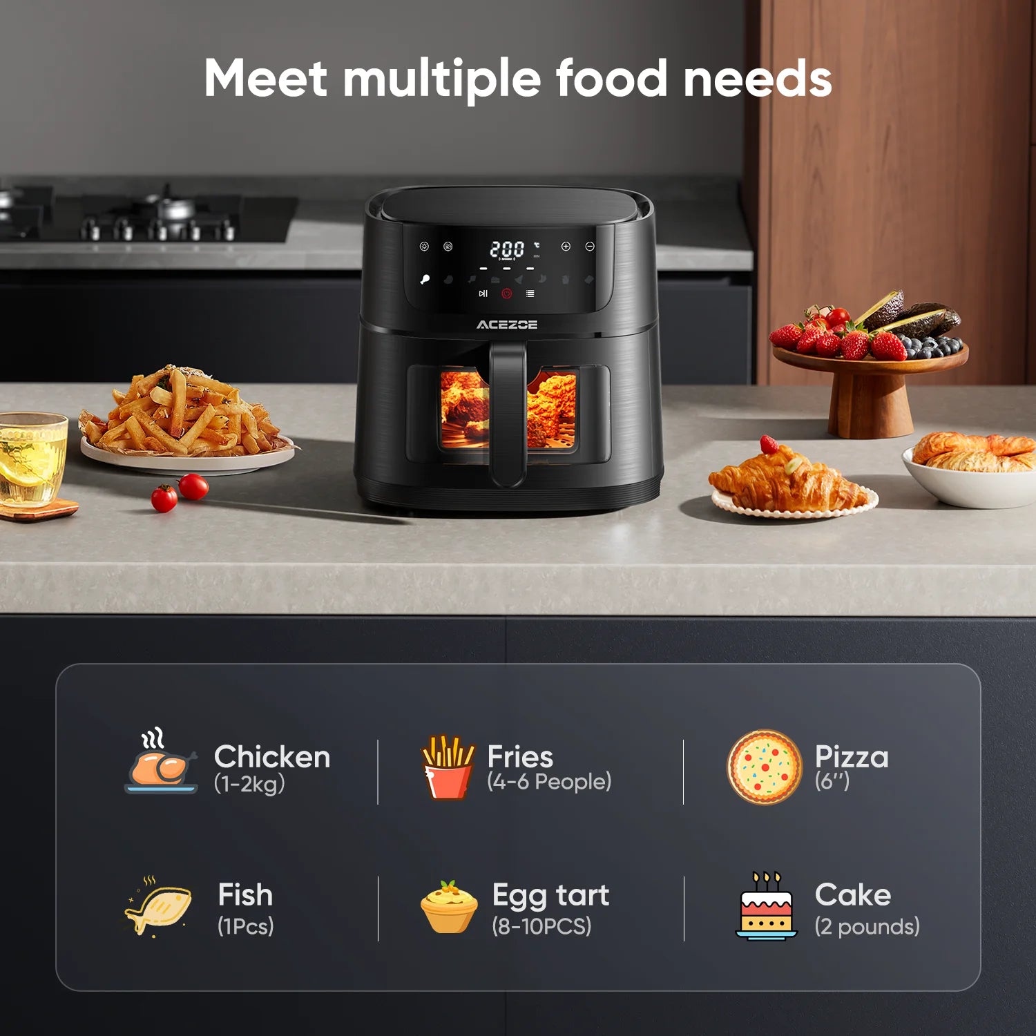 Friteuse à air intelligente sans huile, Air Fryer grande capacité, écran tactile LED, visualisation de fenêtre, appareil de cuisine, appareil ménager, 7L