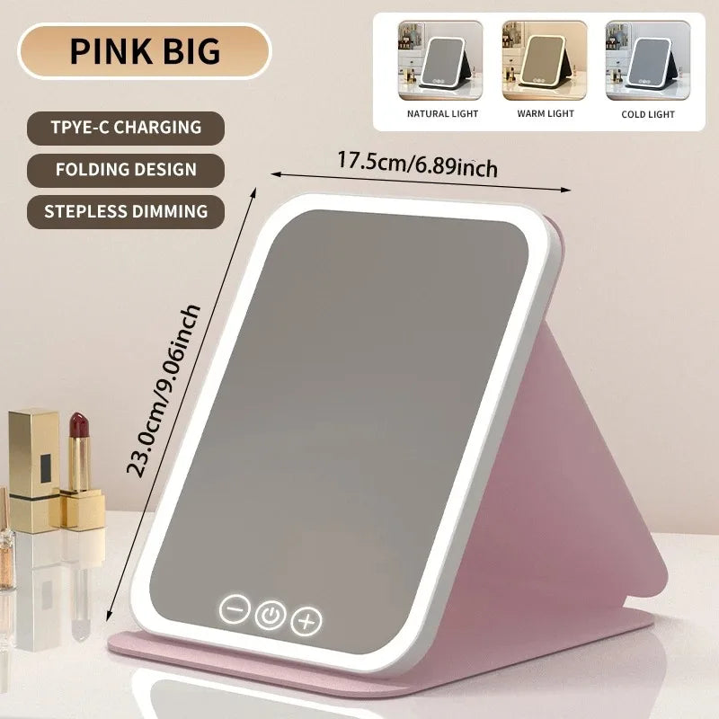 Miroir de Maquillage LED Pliable – 3 Couleurs, Tactile, Rechargeable, Voyage & Maison