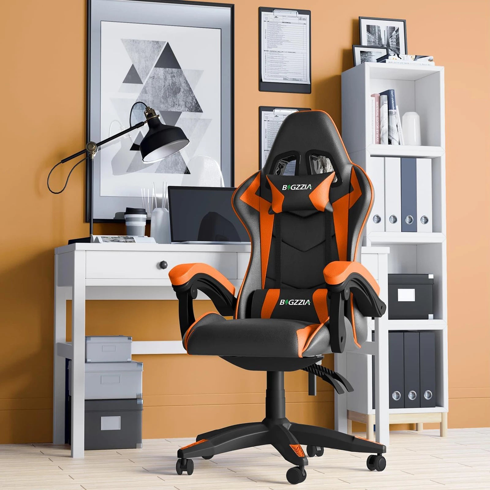 Fauteuil de jeu, chaise de bureau ergonomique en cuir PU, chaise de bureau d'ordinateur avec appui-tête et support lombaire