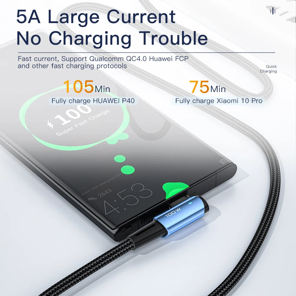 Câble USB Type-C vers USB-C Essager 100 W coudé à 90 degrés pour iPad, MacBook Pro, Xiaomi, Samsung, Huawei, charge rapide, Type-C, Date