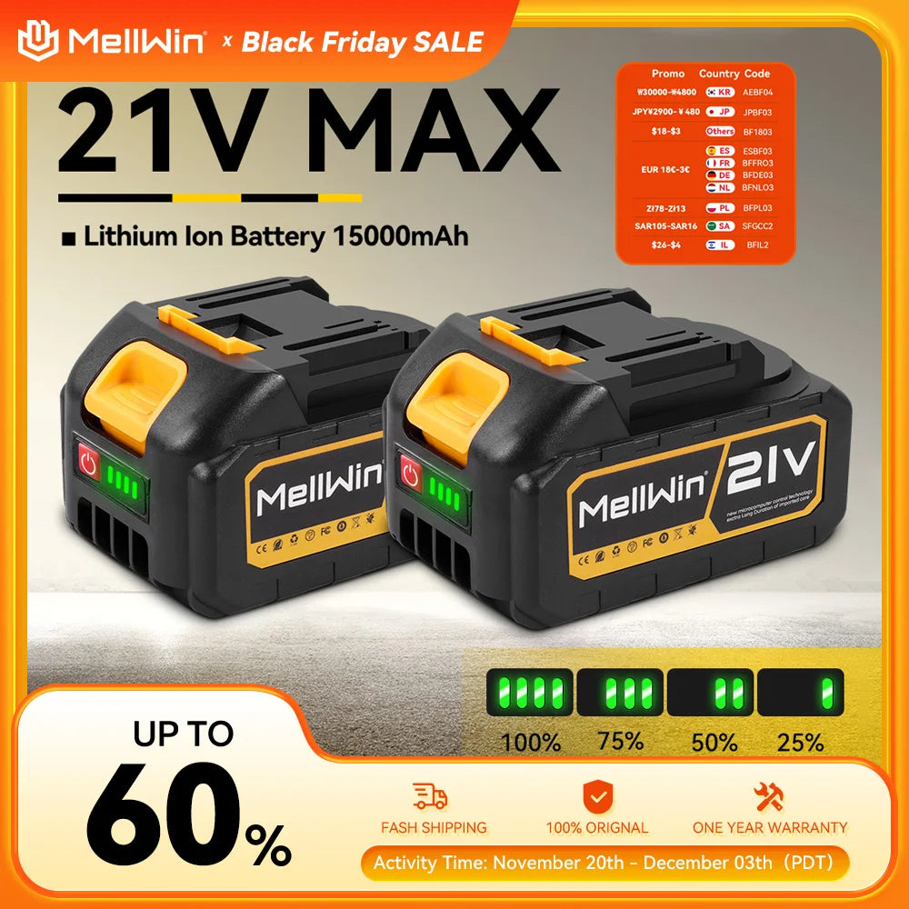 MELLWIN batterie au Lithium Rechargeable 15000mAh batterie 18V-21V indicateur de capacité broche perceuse électrique outil électrique