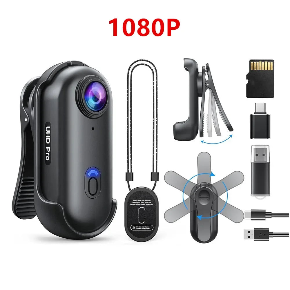 Mini caméra corporelle W4 1080P – Caméra 4K portable avec clip rotatif et support de casque