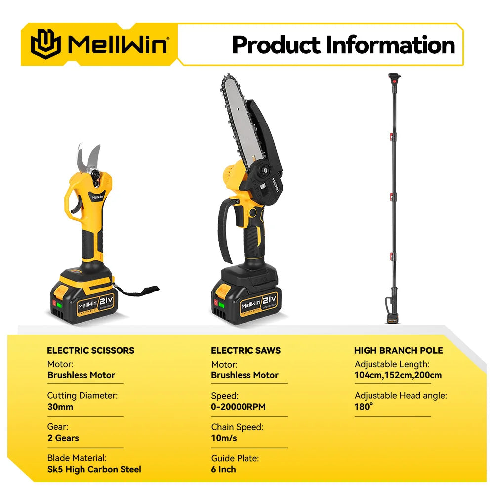 MELLWIN 200CM pôle télescopique sans brosse branche haute tronçonneuse électrique ciseaux outil d'élagage de jardin pour Makita 18V batterie broche