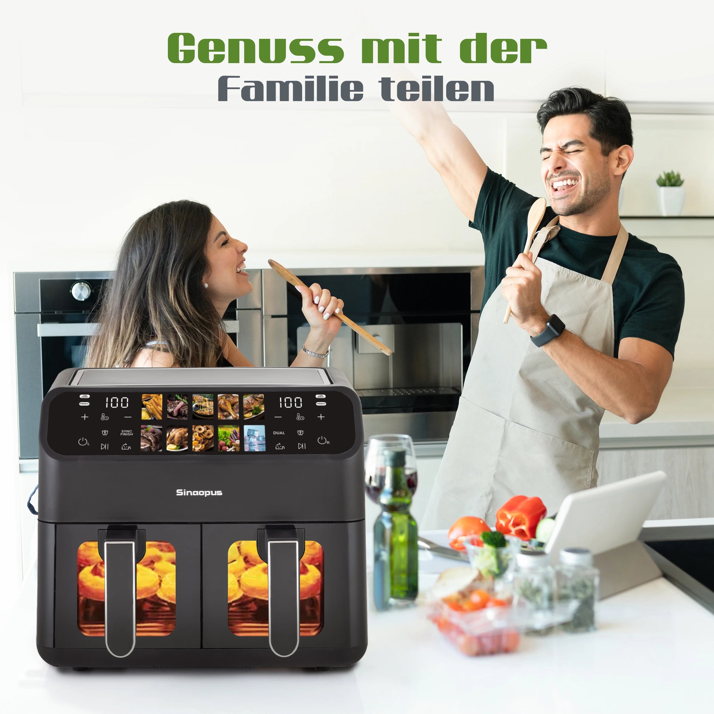 Friteuse à Air Multifonction Double Panier 9L – Écran LED Tactile, Fenêtre de Visualisation, Cuisson Sans Huile