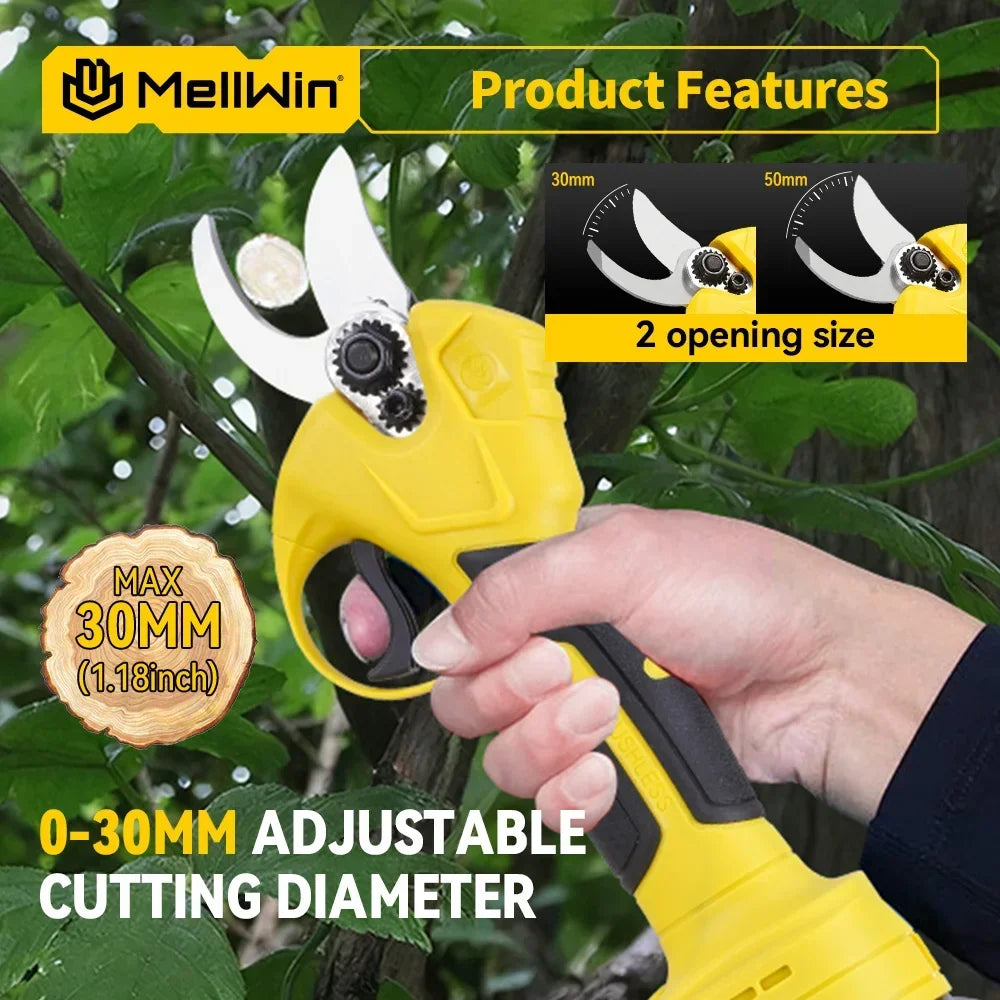 Sécateur Électrique Sans Fil 30 mm MELLWIN – Jardin, Branches d’Arbres Fruitiers, Compatible Makita 18V