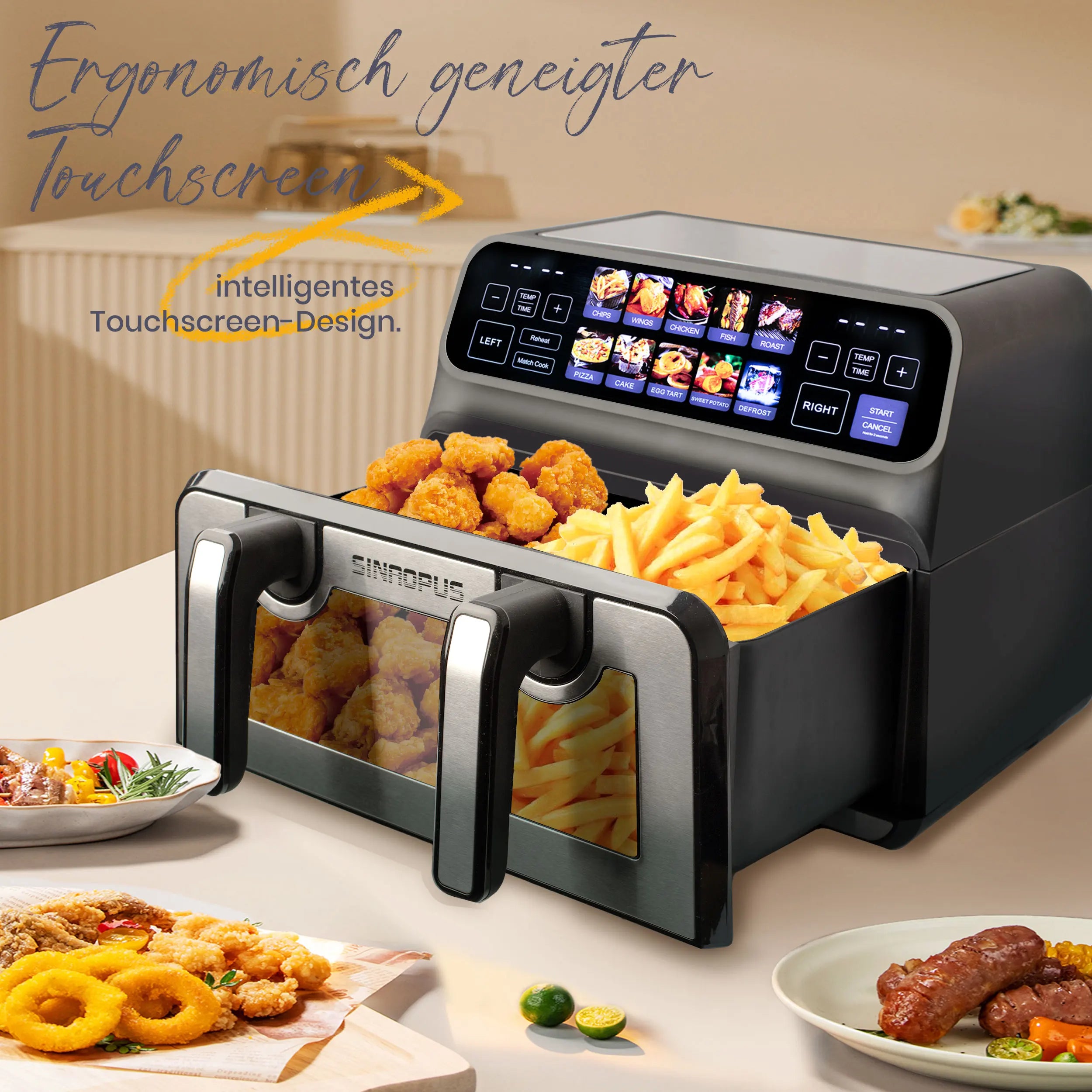 Air Fryer Friteuse à air chaud double panier Sinaopus 9 L – 2200 W, écran tactile LED, 10 programmes, mode double ou grande chambre