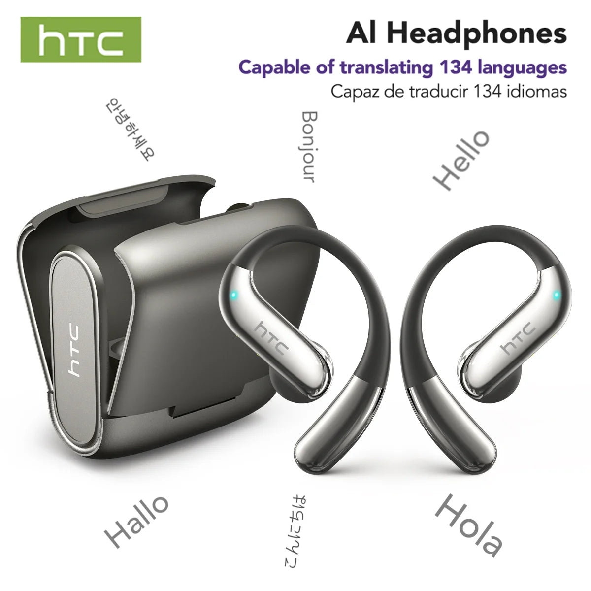Écouteurs HTC NE23 Bluetooth V6.0 à oreille ouverte sans fil, traducteur IA, appels HD, élégants et fins