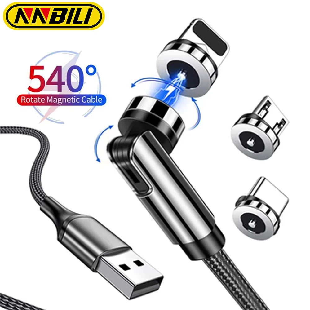 NNBILI 540 ° drehbares magnetisches Micro-USB-Typ-C-Kabel 3A Schnellladedatenkabel für iPhone Xiaomi Mobiltelefon