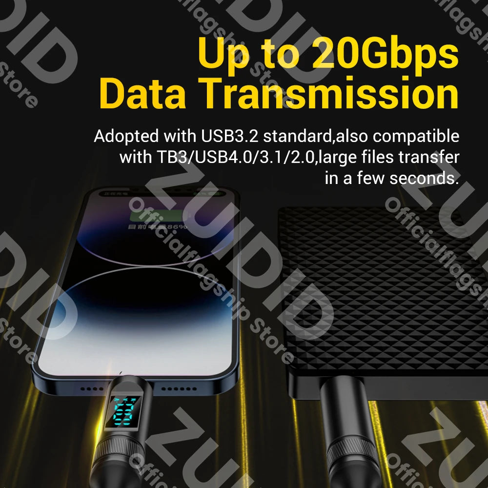 100-W-5-A-USB-C-Kabel mit LED-Anzeige, USB 3.2 10 Gbit/s USB-C auf Thunderbolt 3-Kabel (Typ C) für iPhone 15 Pro, MacBook Pro, Samsung, Xiaomi, 2 m