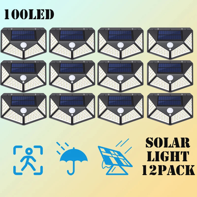 Applique murale solaire à 100LED avec détecteur de mouvement, angle d'éclairage de 270 °, luminaire de sécurité, idéal pour un jardin ou une cour, pack de 12 unités
