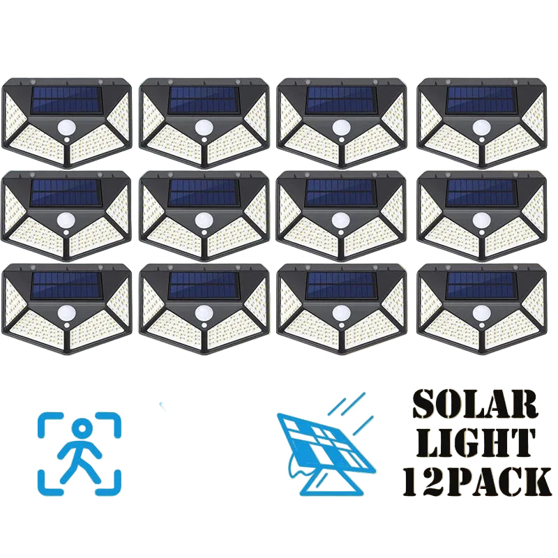 100LED Solar Wall Light with Motion Sensor, 270° Beam Angle, Security Light, Ideal for Garden or Yard, 12 Pack