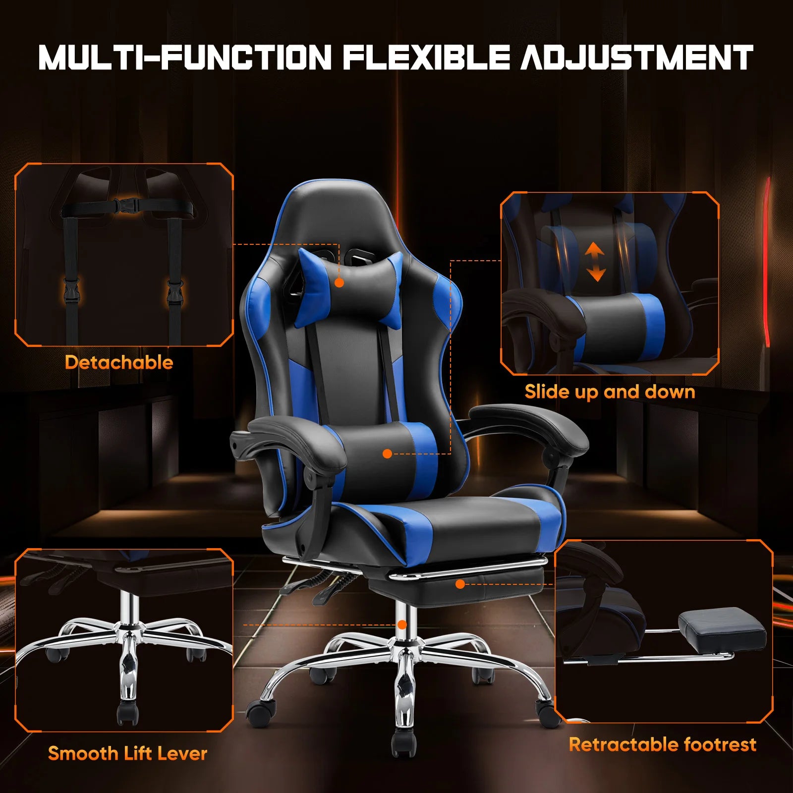 Fauteuil de jeu ergonomique JHK pivotante réglable en cuir PU avec appui-tête et support lombaire pour ordinateur de bureau