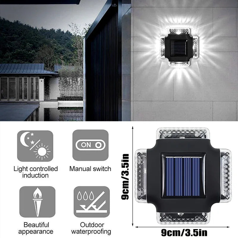 Applique Murale Solaire LED Imperméable, Projecteurs à Quatre Côtés, Éclairage de Jardin, Décoration de Clôture de Cour, 1-10 Pièces