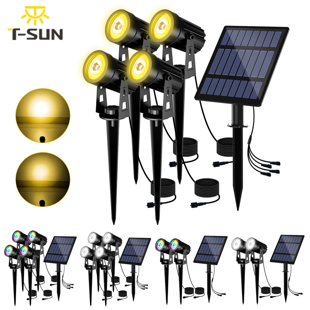 T-SUNRISE Solar-LED-Strahler – IP65, RGB und warm-/kaltweiß, 1/2/4 Leuchten, Außenbeleuchtung für Garten und Dekoration