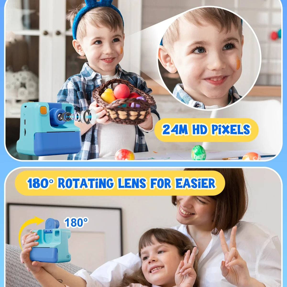 Appareil photo instantané pour enfants, 3 rouleaux de papier d'impression, carte de 32 Go, appareil photo numérique 1080P