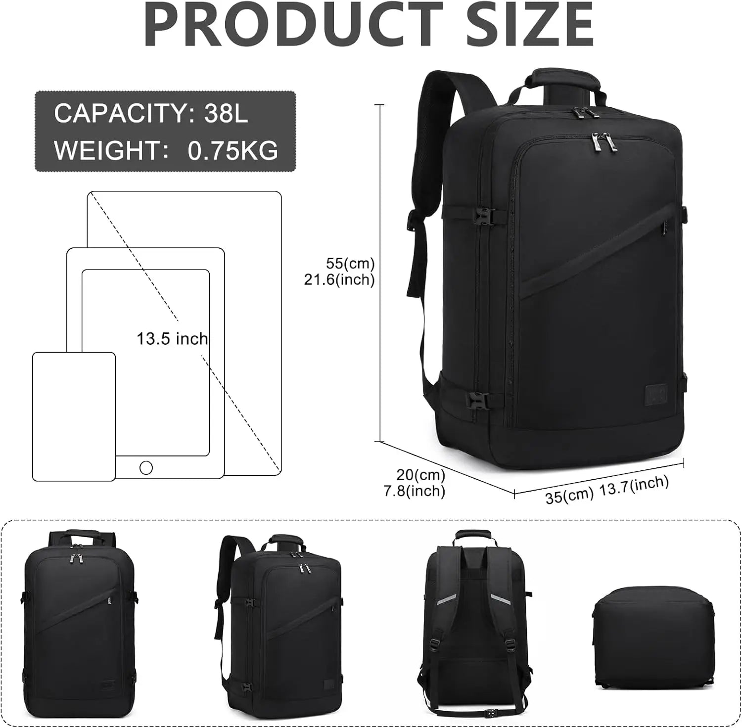 Sac à dos cabine minimaliste KONO 3 pièces – léger, compatible Ryanair, 20L-38L