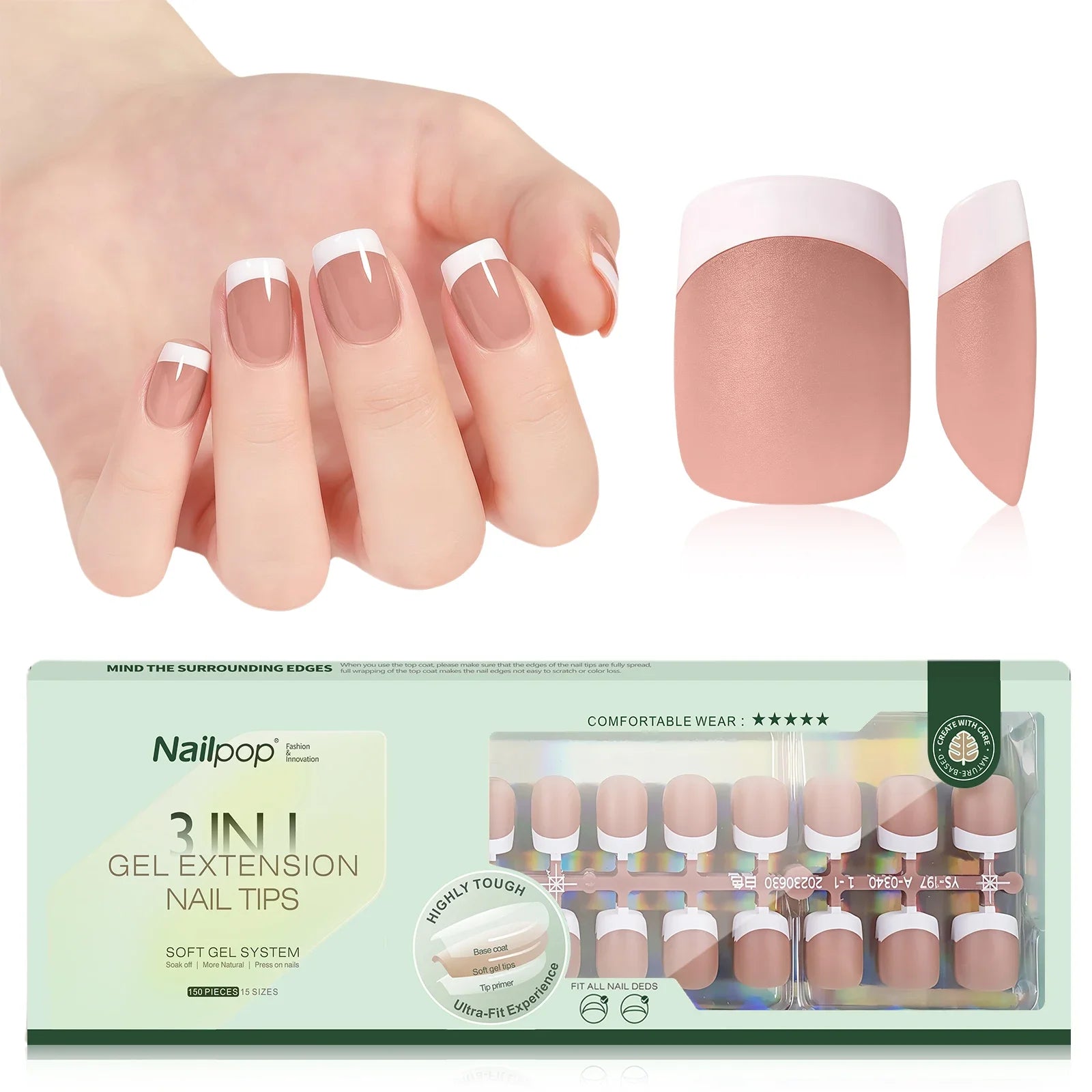 Extensions d’Ongles à Pointe Française Pré-Colorées - Nailpop 3 en 1 
